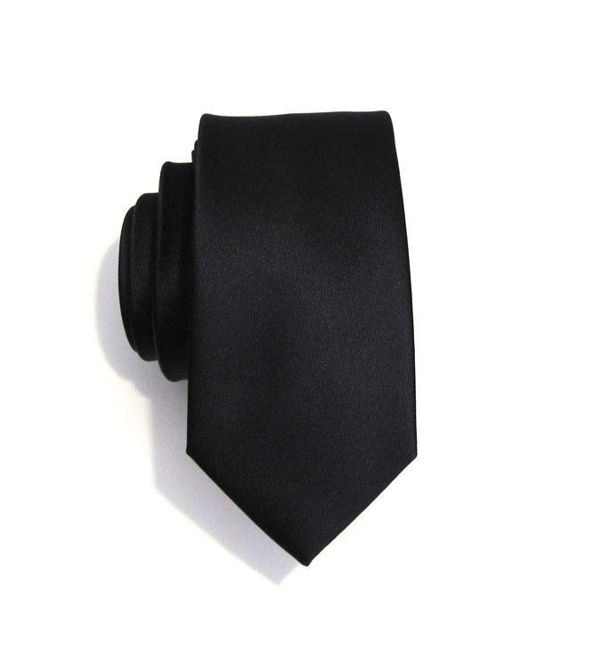Mens Tie Black Skinny Silk Necktie With Matching Pocket Square Handkerchief Option