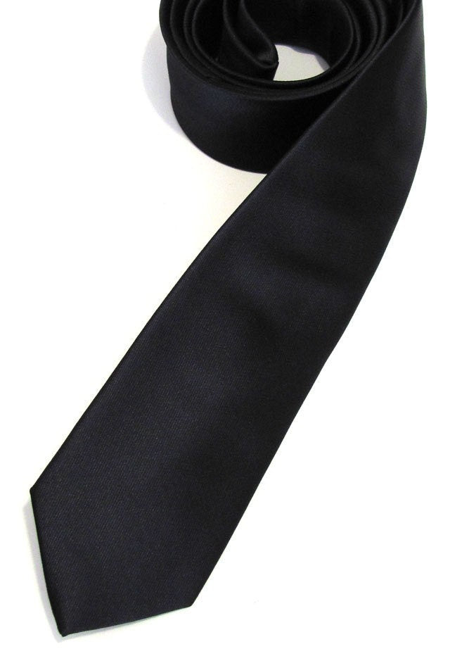 Mens Tie Black Skinny Silk Necktie With Matching Pocket Square Handkerchief Option