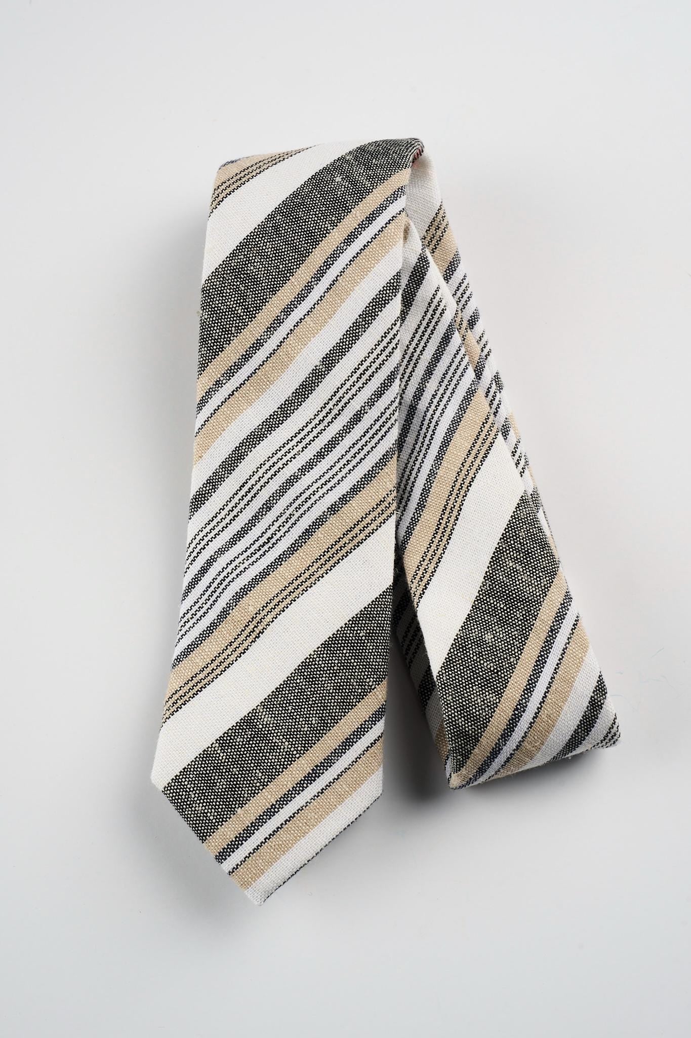 Brown Striped Tie For Men, Cotton Skinny Tie, Casual Tan & White Stripe Necktie Gift For Dad, Business, Groom, Work, Missionary - Houston