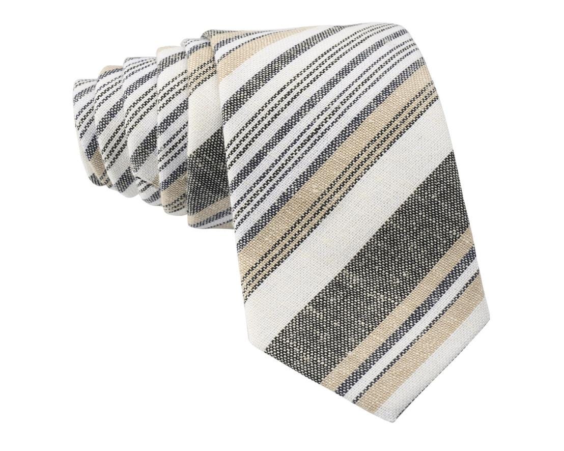 Brown Striped Tie For Men, Cotton Skinny Tie, Casual Tan & White Stripe Necktie Gift For Dad, Business, Groom, Work, Missionary - Houston