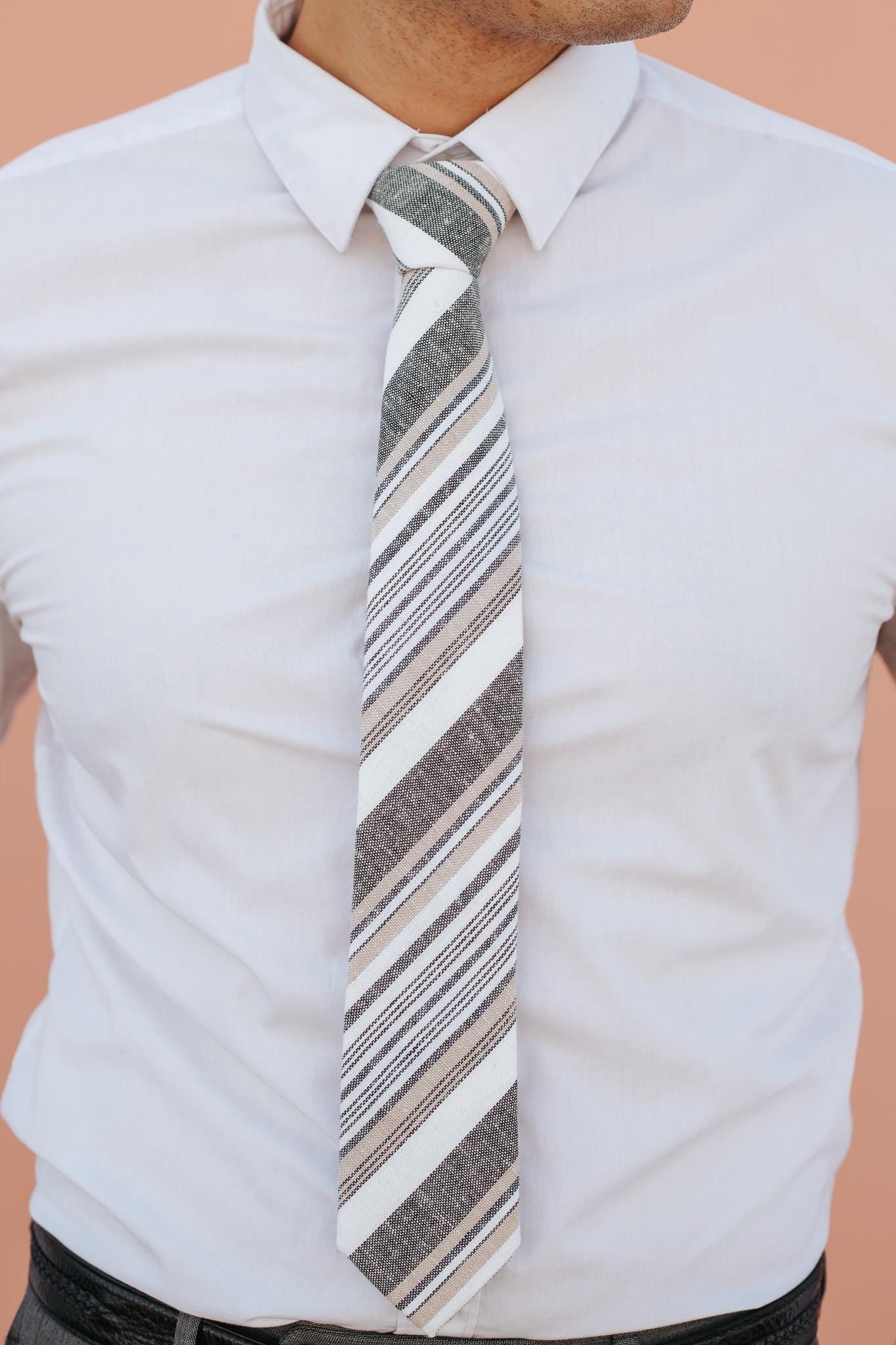 Brown Striped Tie For Men, Cotton Skinny Tie, Casual Tan & White Stripe Necktie Gift For Dad, Business, Groom, Work, Missionary - Houston