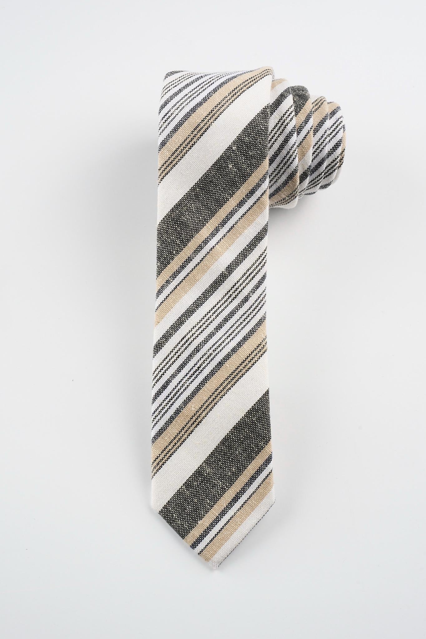 Brown Striped Tie For Men, Cotton Skinny Tie, Casual Tan & White Stripe Necktie Gift For Dad, Business, Groom, Work, Missionary - Houston