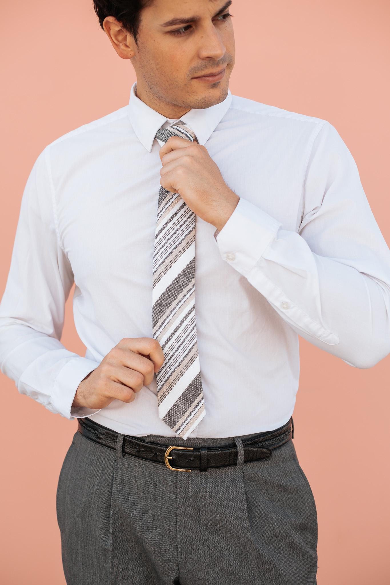 Brown Striped Tie For Men, Cotton Skinny Tie, Casual Tan & White Stripe Necktie Gift For Dad, Business, Groom, Work, Missionary - Houston