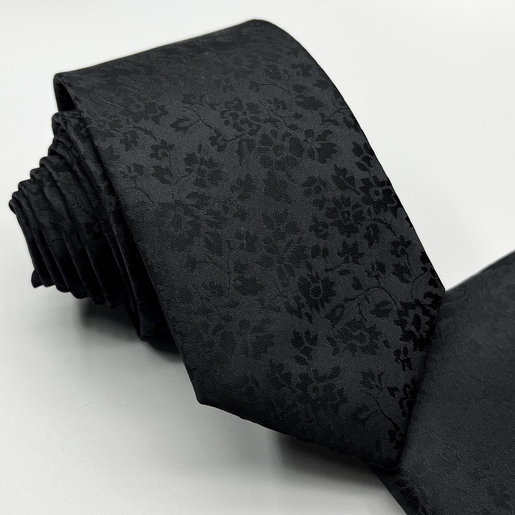 Floral Black Slim 2.75" Self Tie Neck Tie And Pocket Square Set Wedding Formal Groomsman Prom Narrow Gift