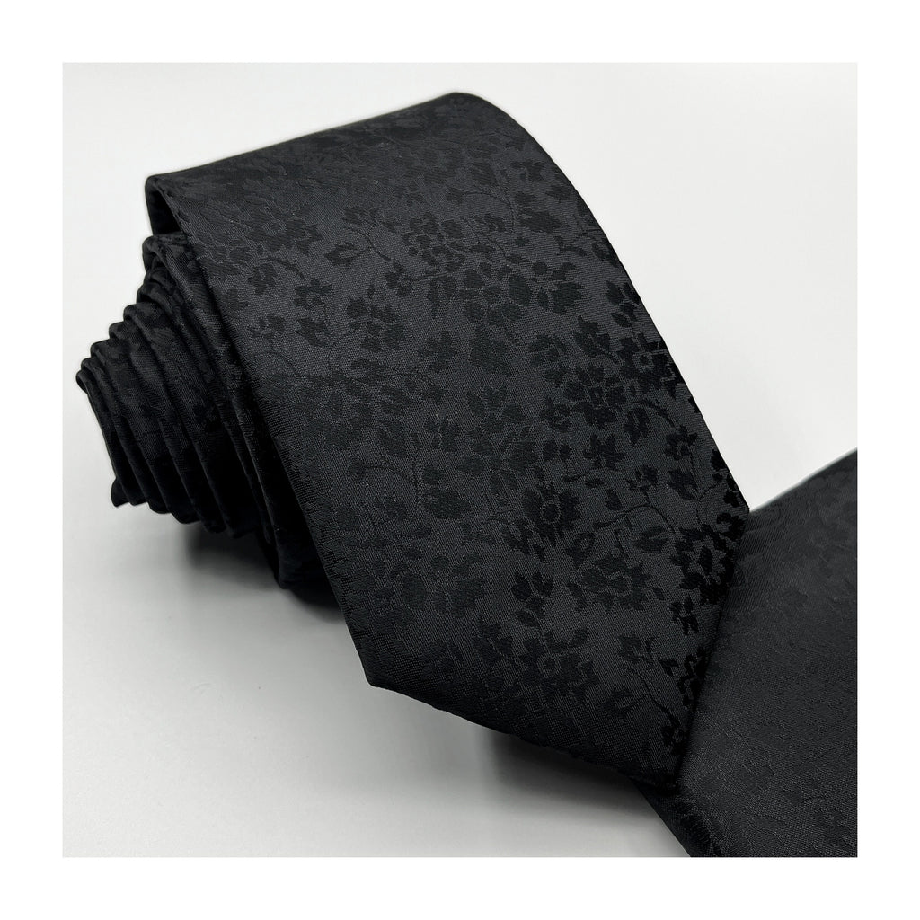 Floral Black Slim 2.75" Self Tie Neck Tie And Pocket Square Set Wedding Formal Groomsman Prom Narrow Gift