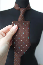 1960s Geometric Mod Skinny Tie – Brown & Blue Micro Pattern Narrow Necktie