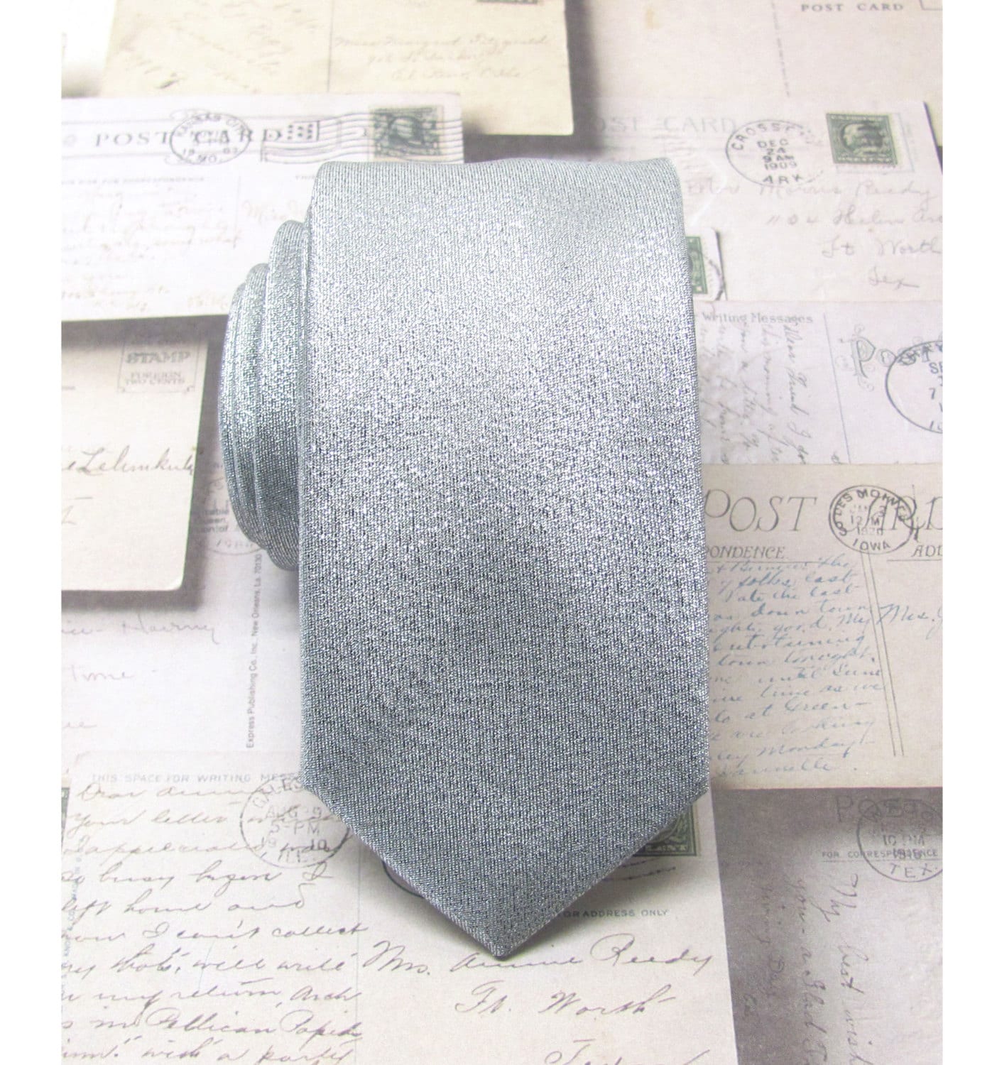 Mens Ties Necktie Lamé Silver Metallic Skinny Tie