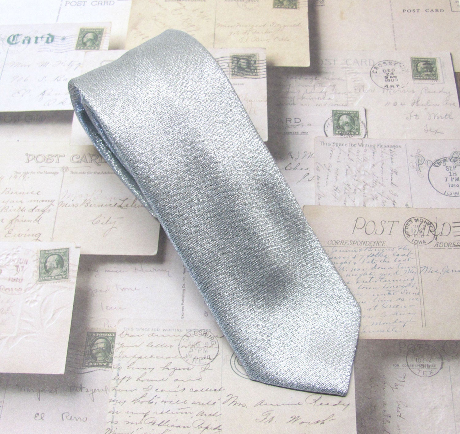 Mens Ties Necktie Lamé Silver Metallic Skinny Tie