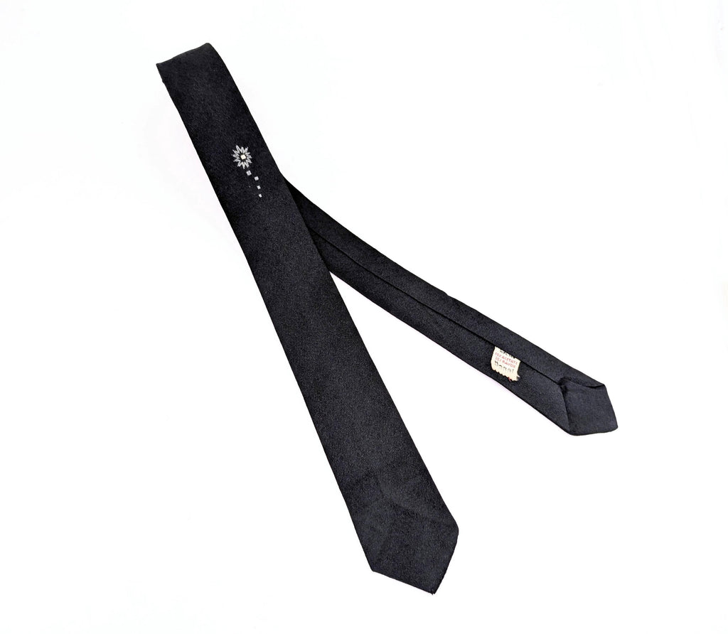 1950s Skinny Black Necktie By Regal | Vintage Slim Tie Atomic Starburst | Retro Rockabilly Men's Tie Mad Men Style