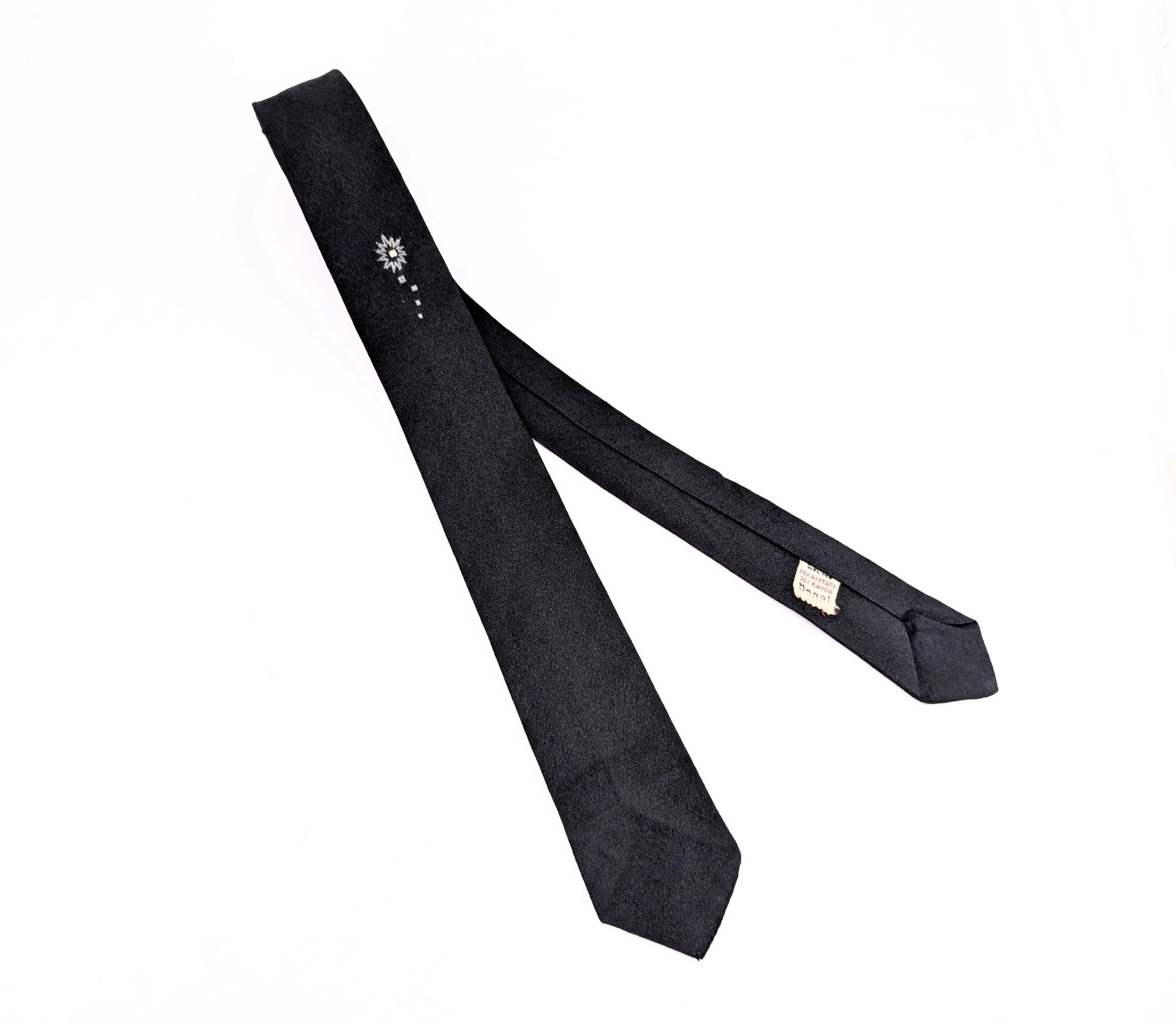 1950s Skinny Black Necktie By Regal | Vintage Slim Tie Atomic Starburst | Retro Rockabilly Men's Tie Mad Men Style