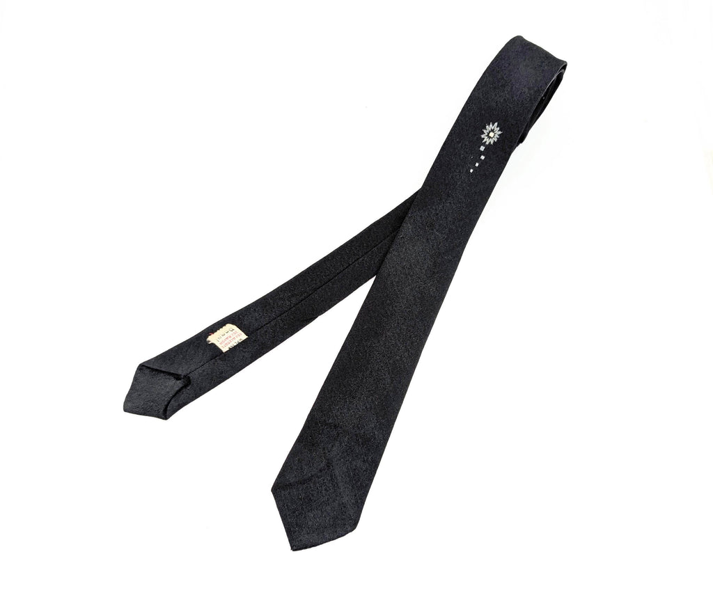 1950s Skinny Black Necktie By Regal | Vintage Slim Tie Atomic Starburst | Retro Rockabilly Men's Tie Mad Men Style