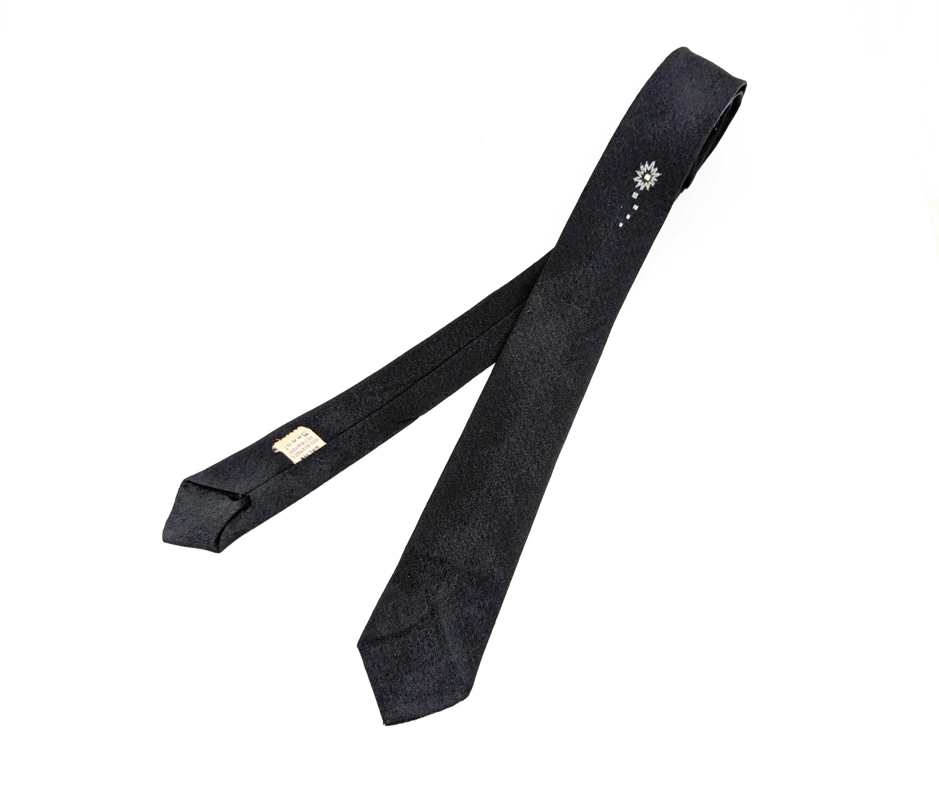 1950s Skinny Black Necktie By Regal | Vintage Slim Tie Atomic Starburst | Retro Rockabilly Men's Tie Mad Men Style