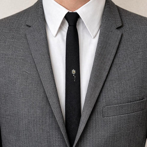 1950s Skinny Black Necktie By Regal | Vintage Slim Tie Atomic Starburst | Retro Rockabilly Men's Tie Mad Men Style