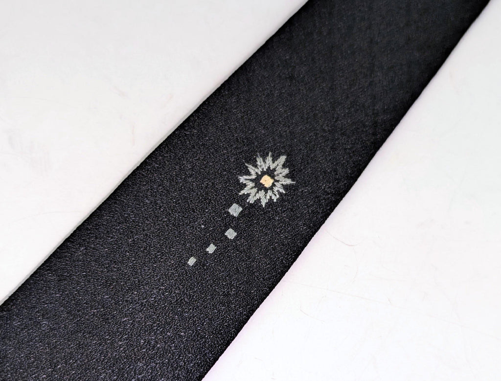 1950s Skinny Black Necktie By Regal | Vintage Slim Tie Atomic Starburst | Retro Rockabilly Men's Tie Mad Men Style
