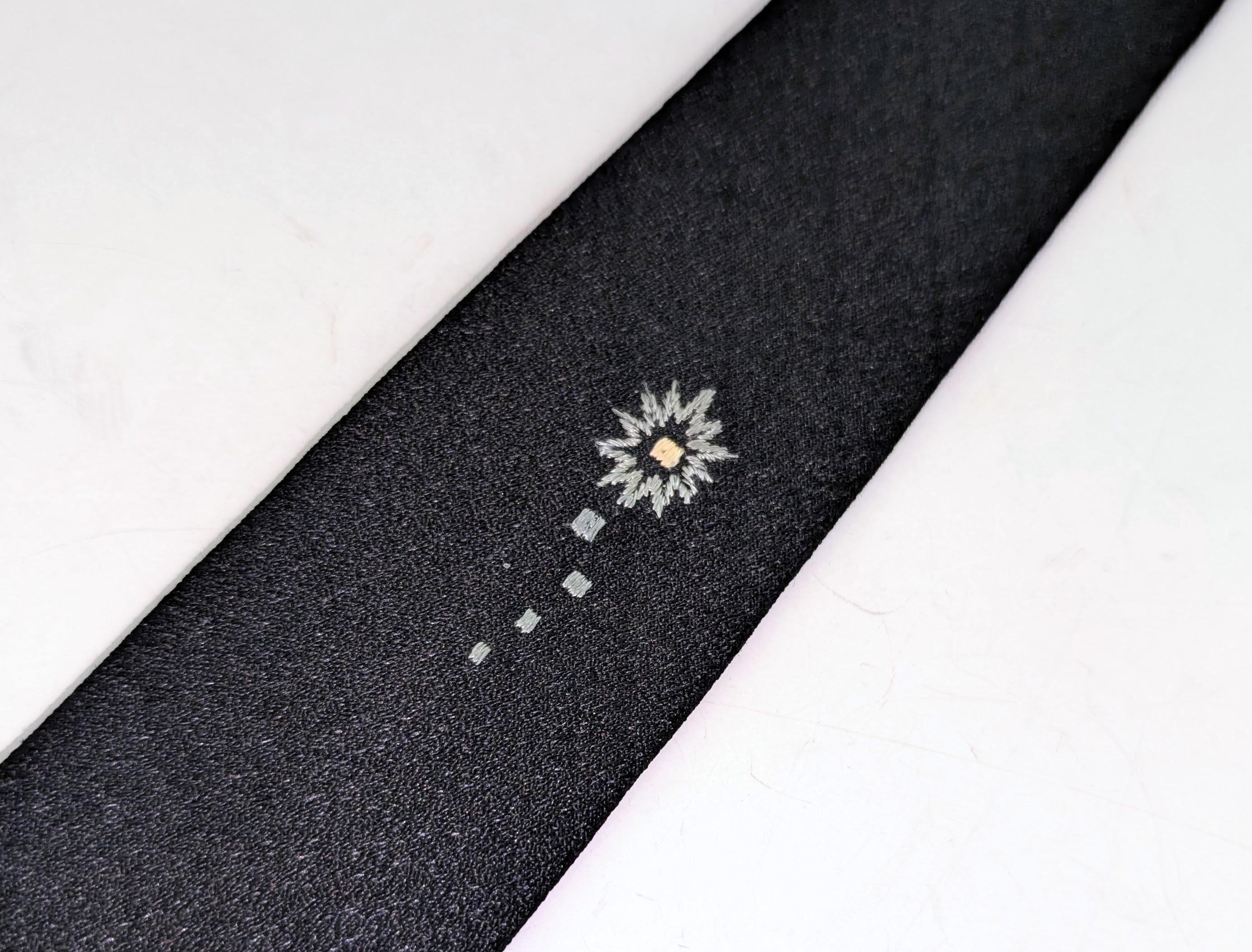1950s Skinny Black Necktie By Regal | Vintage Slim Tie Atomic Starburst | Retro Rockabilly Men's Tie Mad Men Style