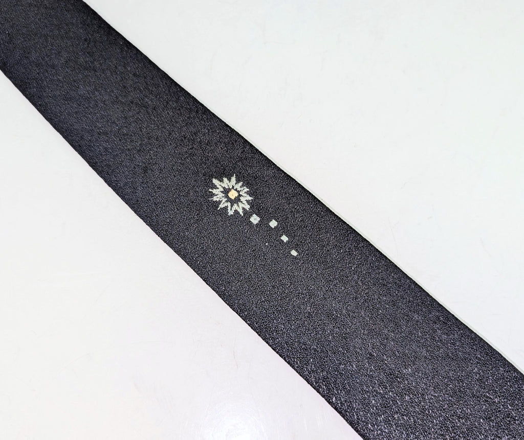 1950s Skinny Black Necktie By Regal | Vintage Slim Tie Atomic Starburst | Retro Rockabilly Men's Tie Mad Men Style