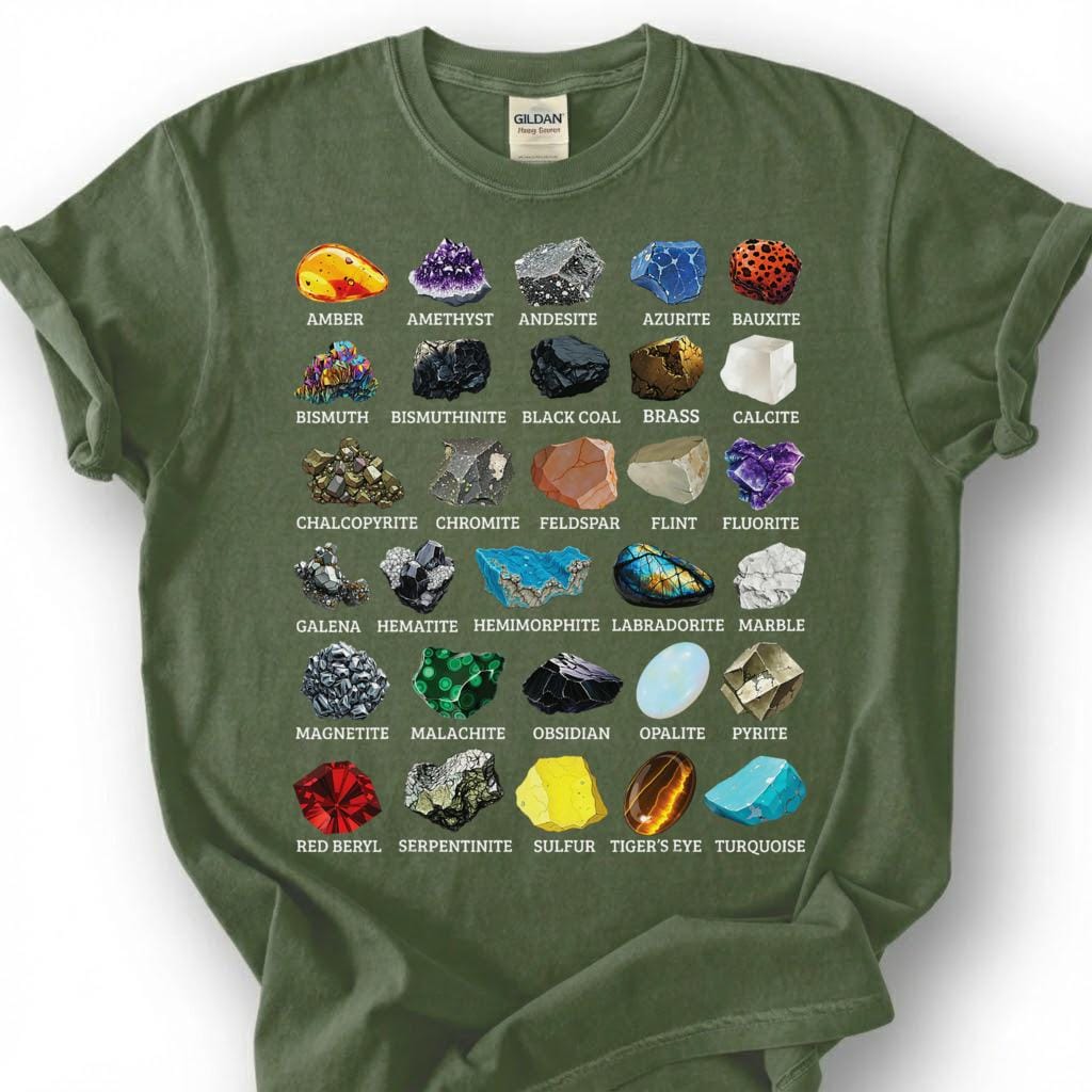 Mineral Collection Chart Shirt, Rock Types Identification Guide Tee, Geology Gemstone Crystal T-Shirt, Rockhound Earth Science Lover Gift