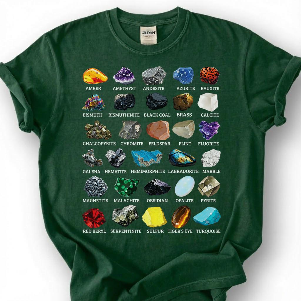 Mineral Collection Chart Shirt, Rock Types Identification Guide Tee, Geology Gemstone Crystal T-Shirt, Rockhound Earth Science Lover Gift