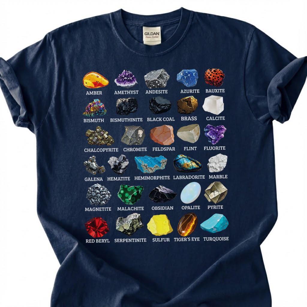 Mineral Collection Chart Shirt, Rock Types Identification Guide Tee, Geology Gemstone Crystal T-Shirt, Rockhound Earth Science Lover Gift