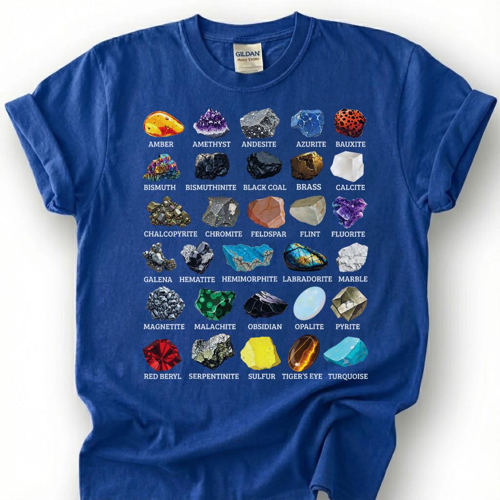 Mineral Collection Chart Shirt, Rock Types Identification Guide Tee, Geology Gemstone Crystal T-Shirt, Rockhound Earth Science Lover Gift