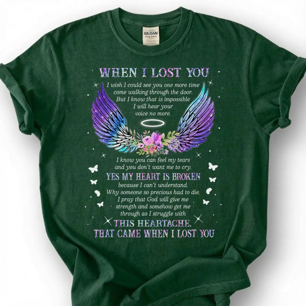 Broken Heart When I Lost You Shirt, Colorful Angel Wing Memorial Tee, Grieving Heartache Remembrance T-Shirt, Missing Loved One Tribute Top
