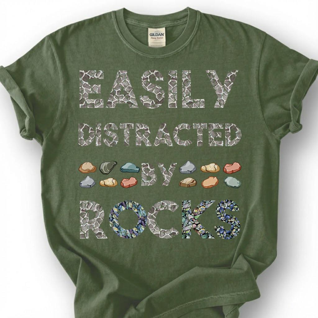 Easily Distracted By Rocks Shirt, Geology Mineral Stone Pattern Tee, Rock Collector Humor T-Shirt, Rockhound Earth Science Lover Gift