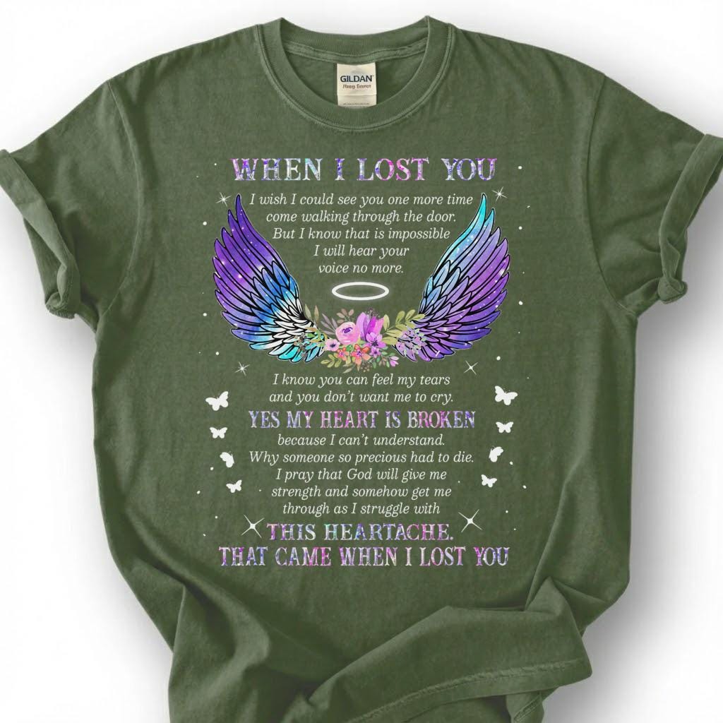 Broken Heart When I Lost You Shirt, Colorful Angel Wing Memorial Tee, Grieving Heartache Remembrance T-Shirt, Missing Loved One Tribute Top