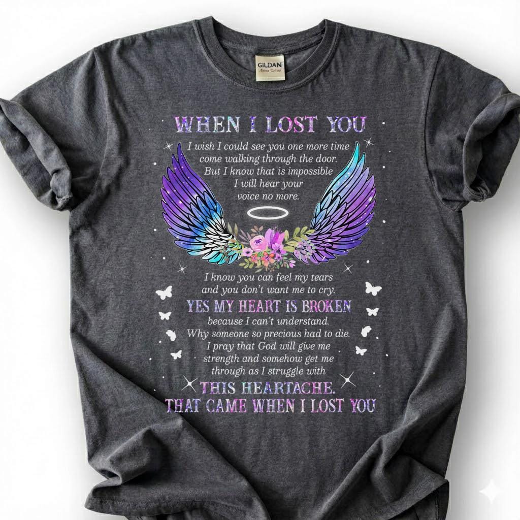 Broken Heart When I Lost You Shirt, Colorful Angel Wing Memorial Tee, Grieving Heartache Remembrance T-Shirt, Missing Loved One Tribute Top