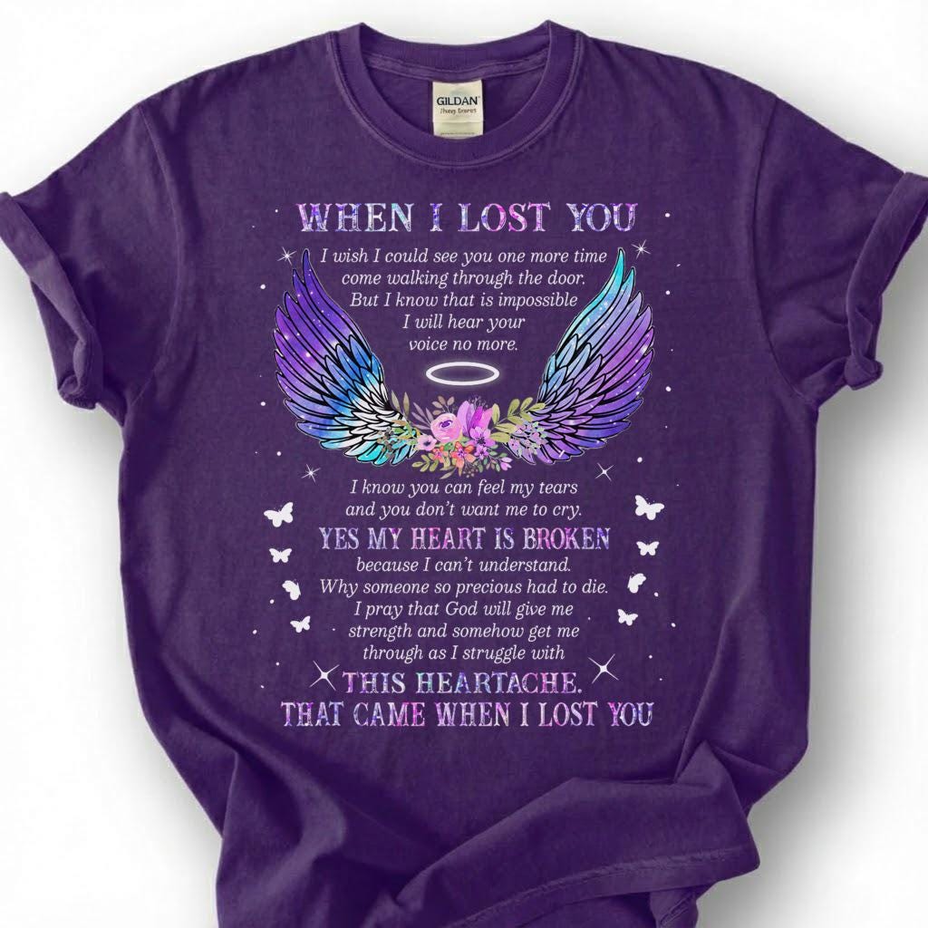 Broken Heart When I Lost You Shirt, Colorful Angel Wing Memorial Tee, Grieving Heartache Remembrance T-Shirt, Missing Loved One Tribute Top