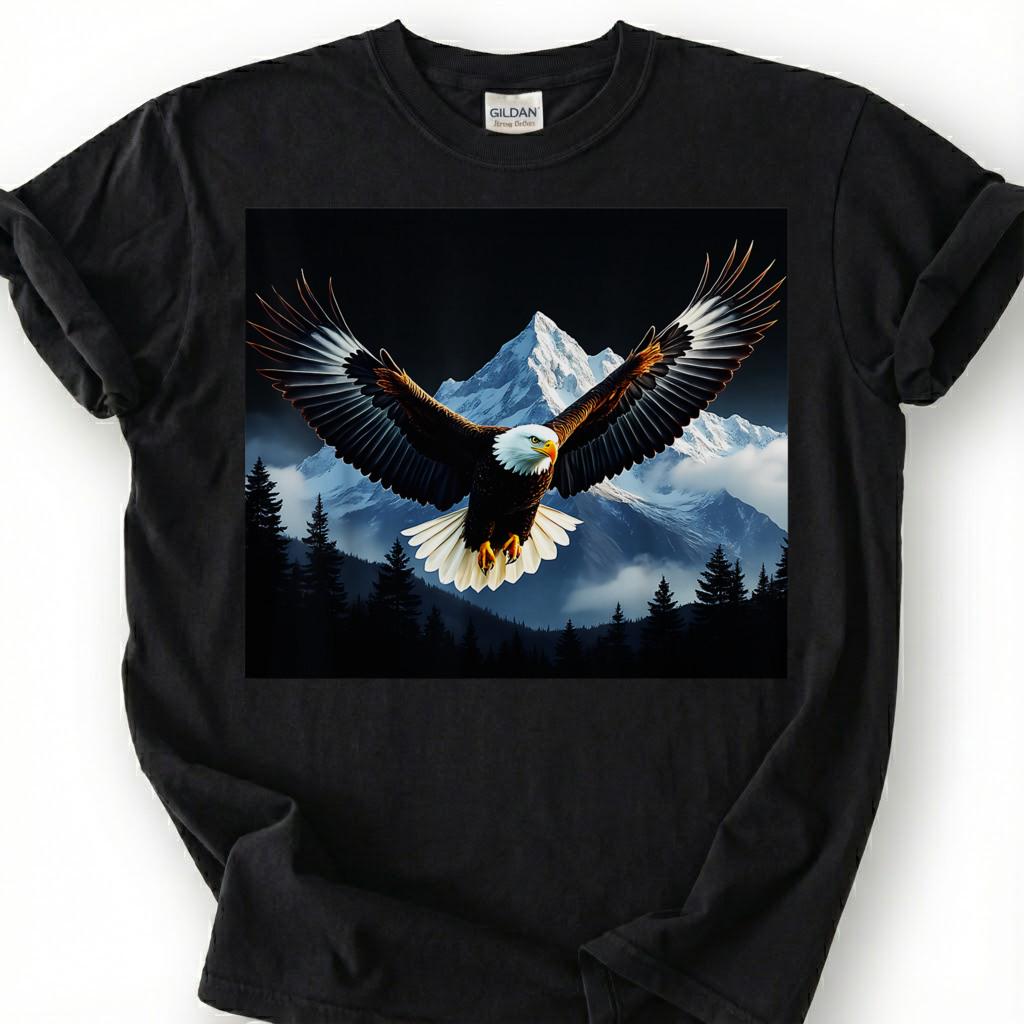 Bald Eagle Flying Over Mountains Shirt, Majestic Wildlife Bird Tee, Snowy Forest Landscape Top, Nature Photography Apparel, Birdwatcher Gift
