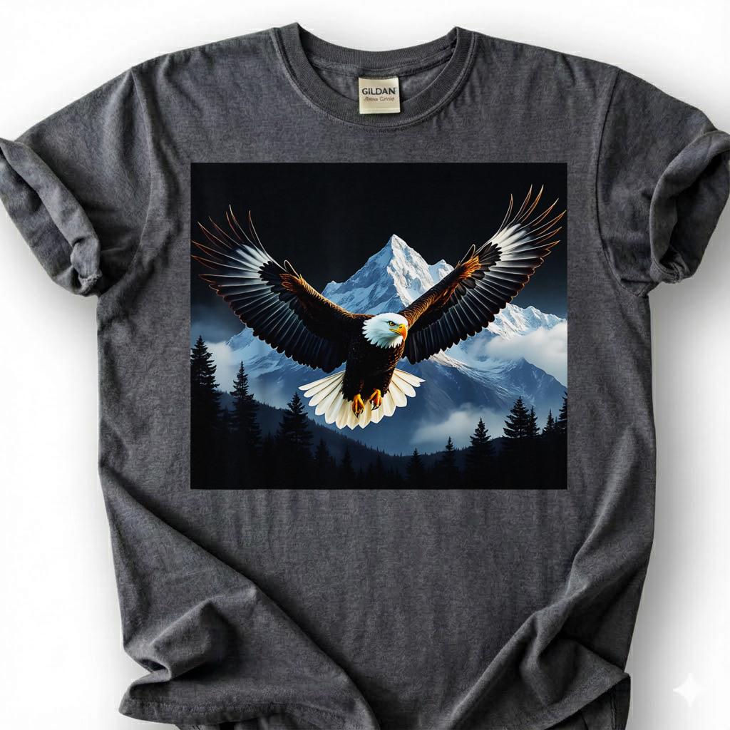 Bald Eagle Flying Over Mountains Shirt, Majestic Wildlife Bird Tee, Snowy Forest Landscape Top, Nature Photography Apparel, Birdwatcher Gift