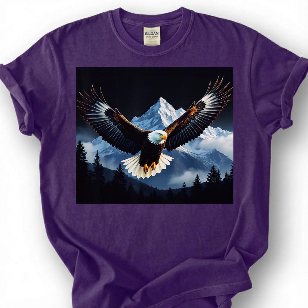 Bald Eagle Flying Over Mountains Shirt, Majestic Wildlife Bird Tee, Snowy Forest Landscape Top, Nature Photography Apparel, Birdwatcher Gift