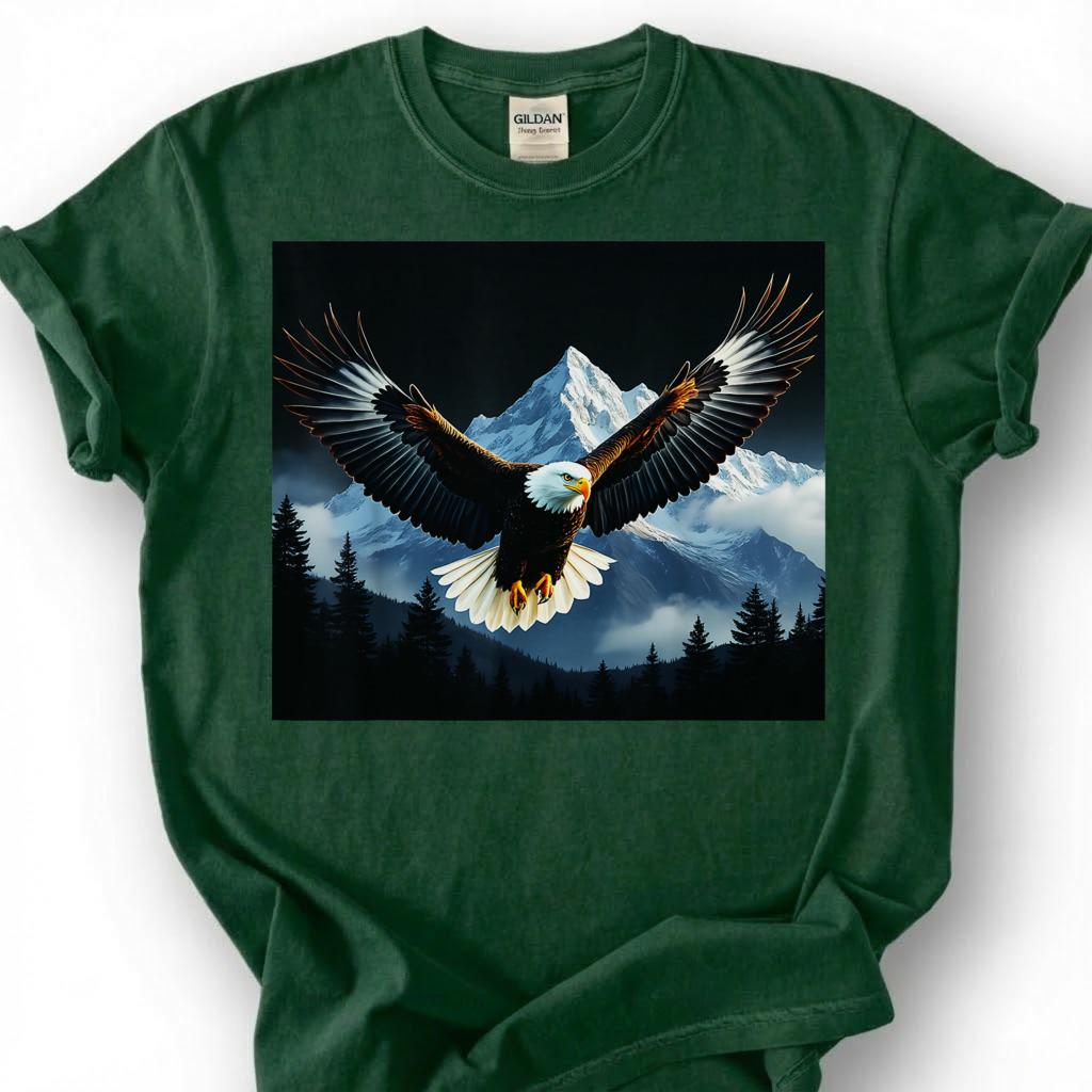 Bald Eagle Flying Over Mountains Shirt, Majestic Wildlife Bird Tee, Snowy Forest Landscape Top, Nature Photography Apparel, Birdwatcher Gift